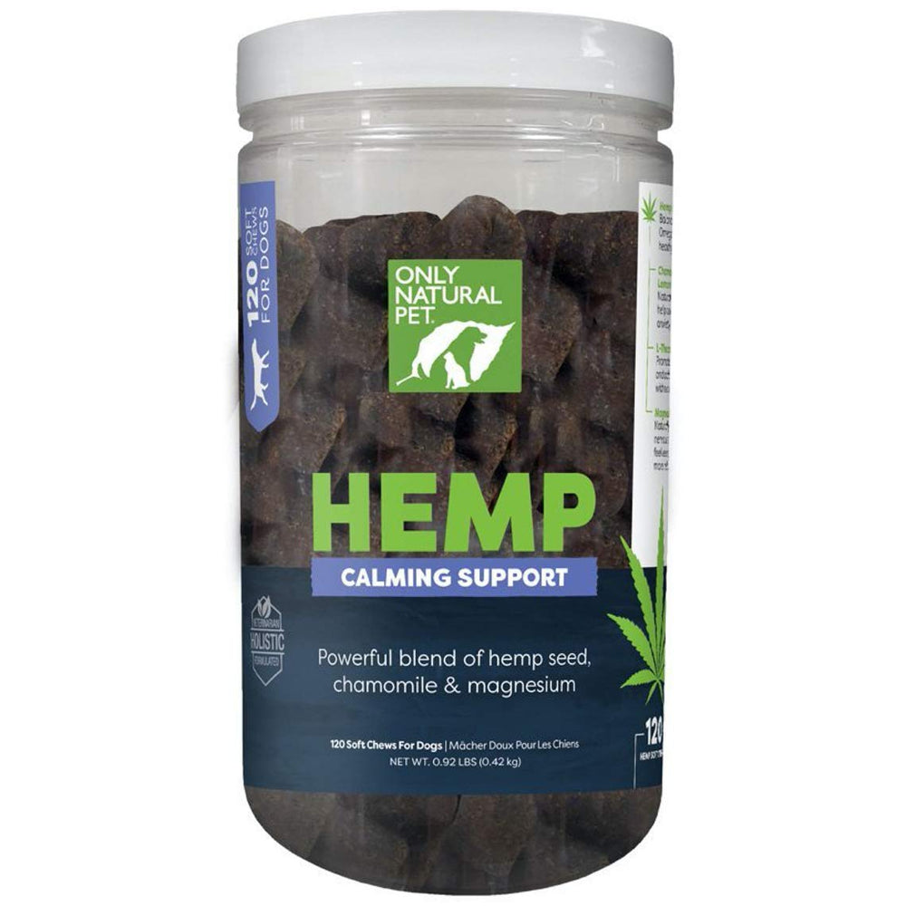 Only Natural Pet hemp soft chews bottle closeup showcases calming ingredients for stressful moments.