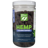 Only Natural Pet hemp soft chews bottle closeup showcases calming ingredients for stressful moments.