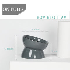 ONTUBE ceramic raised cat bowl gray side view shows ergonomic design