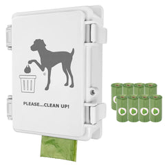 Onybte wall-mounted poop bag holder with white dispenser and eight rolls for tidy outdoor cleanup.