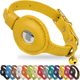 OOPSDOGGY leather AirTag collar yellow closeup shows stylish durability for cats
