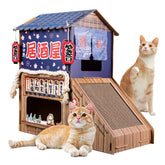 opbodqo cardboard cat house front view shows a double bed lounging.