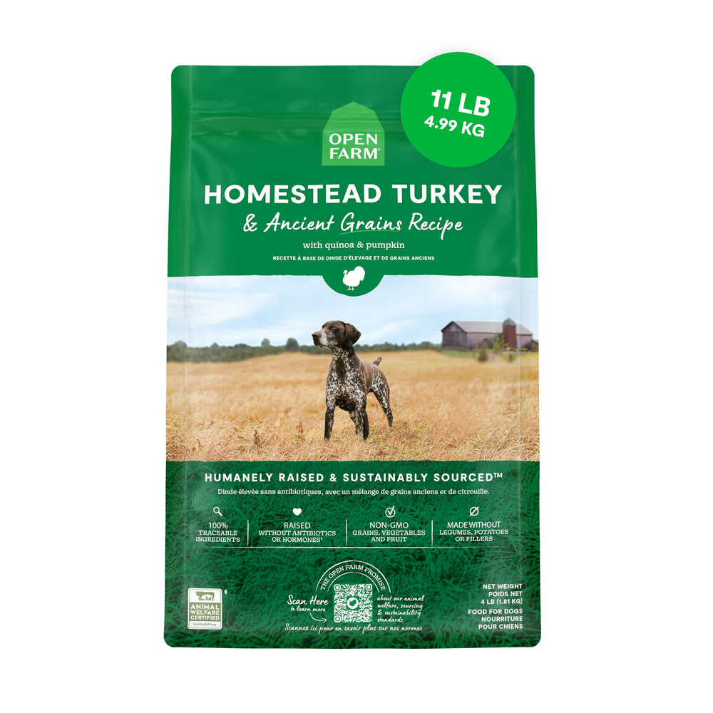 Open Farm Ancient Grains Dry Dog Food bag showing protein-rich turkey and oats for sensitive stomachs.