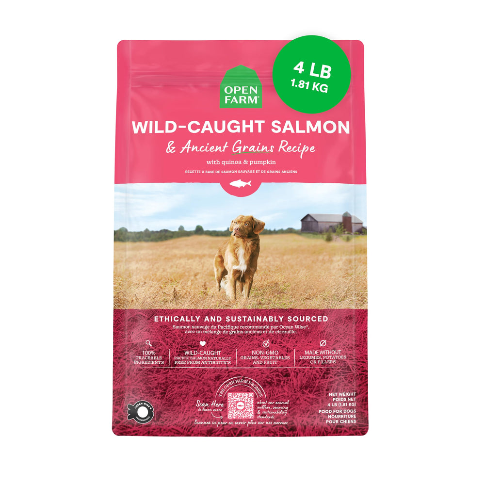 Open Farm ancient grains dry dog food bag with protein‑rich formula for active dogs
