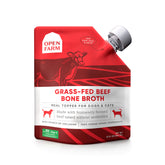Open Farm Bone Broth bottle pouring into pet bowl for dogs and cats.
