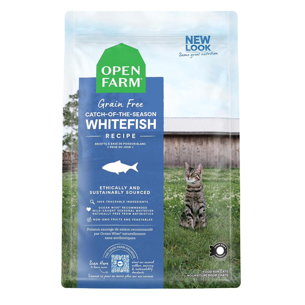 Open Farm catch-of-the-season whitefish bag highlights premium protein and sustainable sourcing.