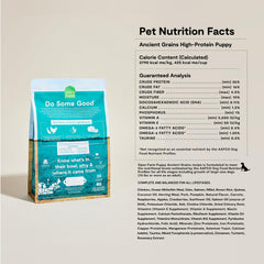 Open Farm chicken and salmon puppy recipe serving bowl image suggesting high-quality meat protein.