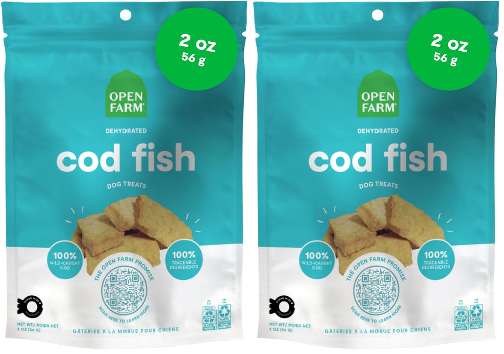 Open Farm dehydrated cod treats packaging shows resealable pouch for freshness and easy portioning.
