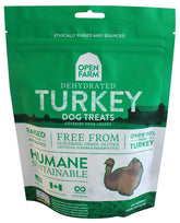 Open Farm dehydrated turkey dog treats 4.5oz package with resealable pouch for fresh training rewards.