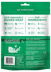 Open Farm dehydrated turkey dog treats close-up; high-protein snack ideal for walks and treats.