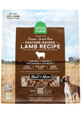 Open Farm lamb morsels bag showing high-protein bites.