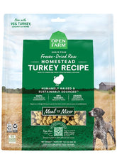 Open Farm freeze dried turkey morsels bag close-up for high-protein dog meals.