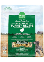 Open Farm freeze dried turkey morsels bag close-up for high-protein dog meals.