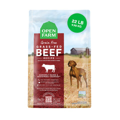 Open Farm grain-free dry dog food bag showing 22lb packaging for nutrition