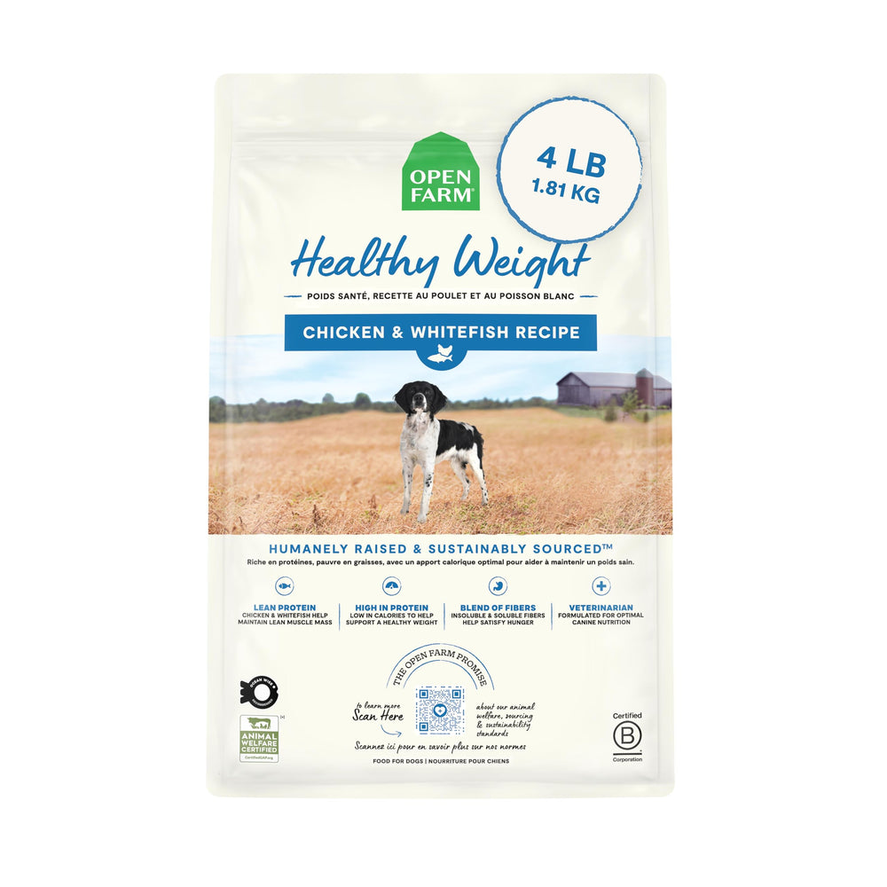 Open Farm Healthy Weight dog food bag showing high-protein, low-calorie formula for weight management