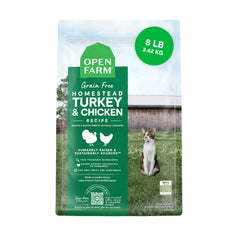 Open Farm homestead turkey-chicken recipe bag shows complete balanced dry cat food for nutrition.