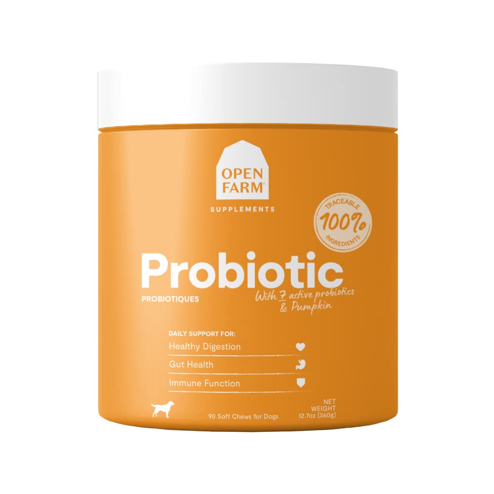 Open Farm Probiotic Chews bottle shows gut health support with traceable, vet-approved ingredients.