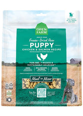 Open Farm puppy morsels bag front shows premium freeze-dried nutrition for puppies