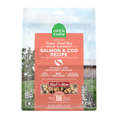 Open Farm Salmon & Cod Morsels packaging highlights transparent sourcing for cats' meals