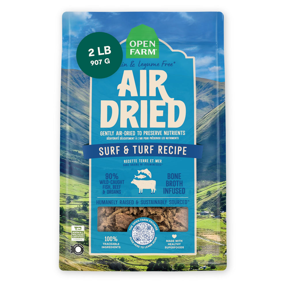 Open Farm Surf & Turf air-dried dog food front view, protein-forward meal option.