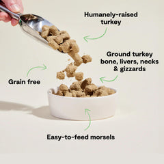 Open Farm turkey recipe morsels in a bowl, appealing texture for meals.