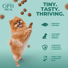 Optimeal puppy-toy-breed-dry-kibble-closeup highlights lamb protein for tiny-dog growth.