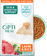 Optimeal puppy toy-breed food-bowl shows premium lamb kibble for digestible protein.