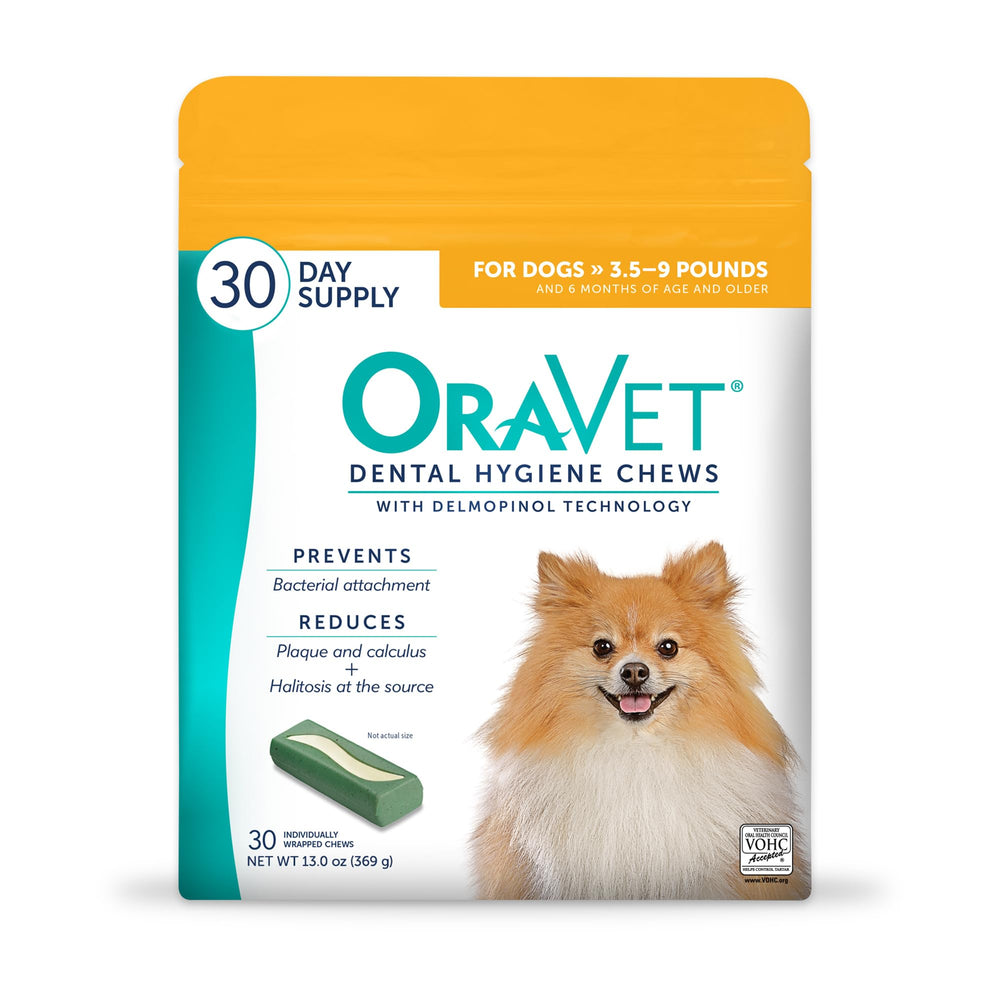 OraVet dental chews in yellow pouch for convenient daily small-dog dental care.