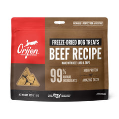 ORIJEN grain-free beef treats packaging close-up for high-protein rewards