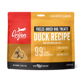 ORIJEN grain-free high-protein freeze-dried duck dog treats bag front highlights convenient, protein-rich snack.