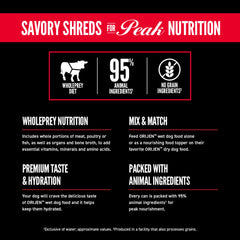 ORIJEN grain-free label on can emphasizes protein-forward, grain-free nutrition.