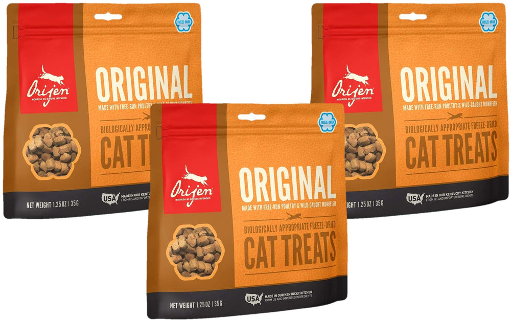ORIJEN Original Cat Treats 3-pack packaging for easy rewards during training.