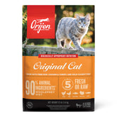ORIJEN Original dry cat food bag highlights high-protein formula for digestion and coat health.