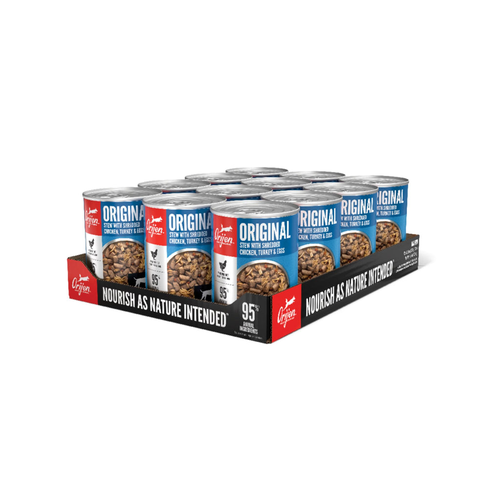 ORIJEN Real Meat Shreds front can shows protein-rich wet dog food for active dogs