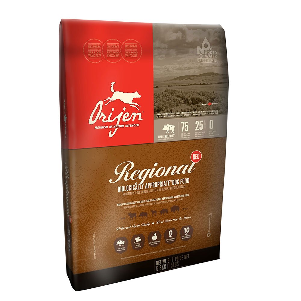 Orijen Regional Red 25lb bag highlighting high-protein meat-rich formula for dogs.