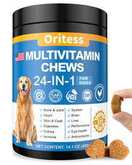 Oritess dog vitamins bottle showing all-in-one daily chewables for wellness.