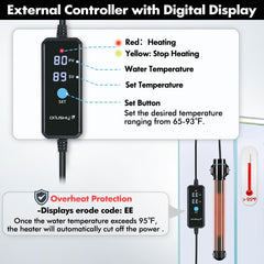 Orlushy 500W heater digital display shows real-time water temperature for safe fishkeeping.