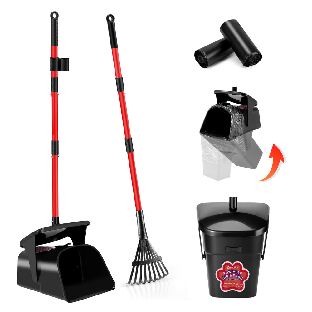 Ormalla pooper scooper swivel-bin close-up highlighting durable stainless steel handle for effortless use.