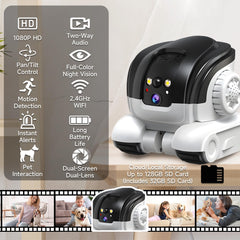 OROMVO Pet Camera dual-lens back view shows motion tracking from behind.