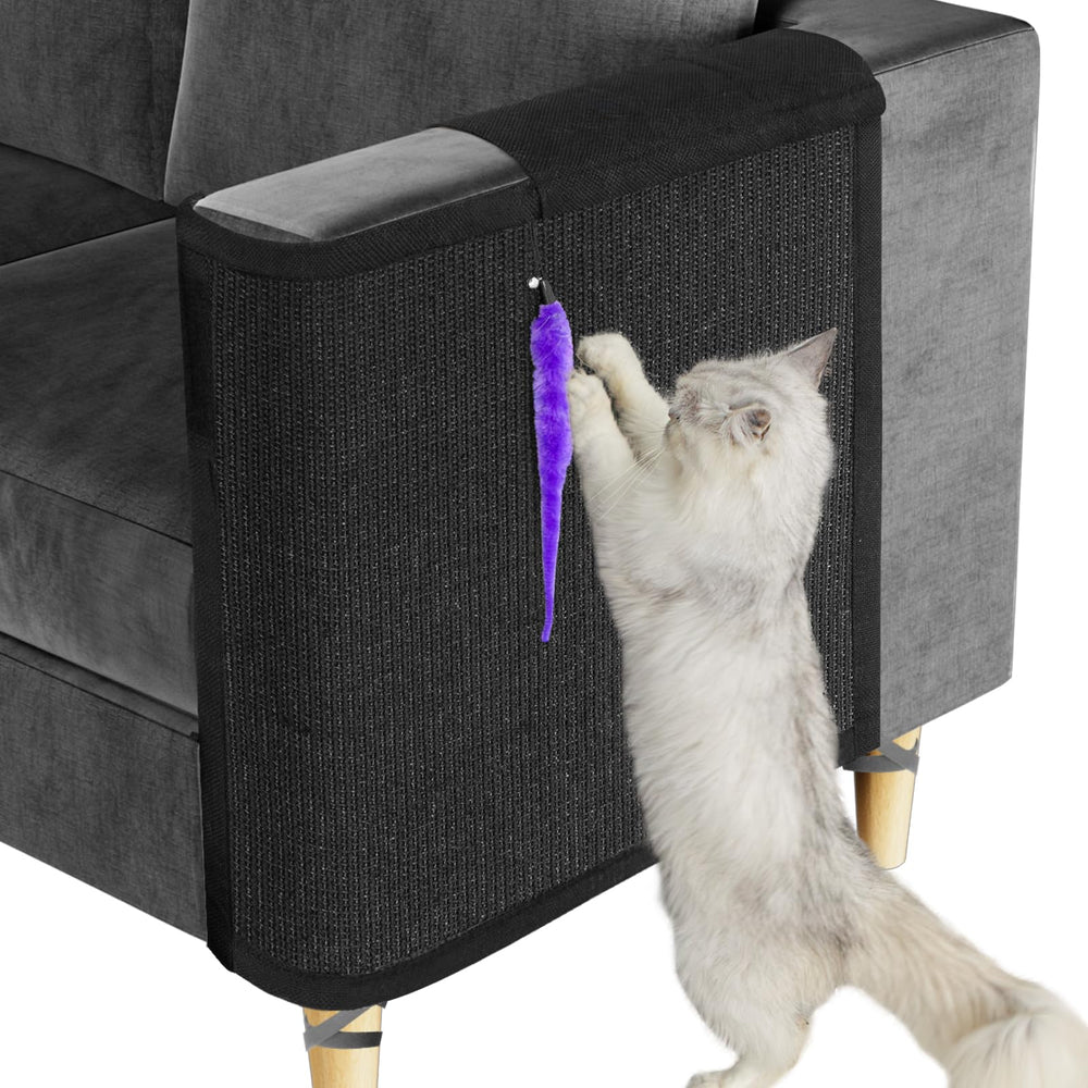 Oroonoko Cat Scratch Couch Protector left black on sofa arm offers durable protection and paw-friendly scratching.