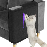Oroonoko Cat Scratch Couch Protector left black on sofa arm offers durable protection and paw-friendly scratching.