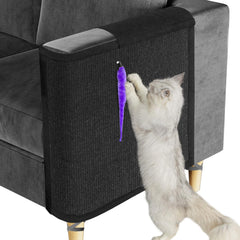 Oroonoko Cat Scratch Couch Protector left black on sofa arm offers durable protection and paw-friendly scratching.