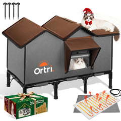Ortri outdoor heated cat house front view highlights weatherproof exterior