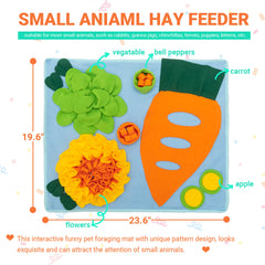 ORZECHKO Rabbit Hay Feeder Mat close-up reveals fruit shapes stimulating foraging.