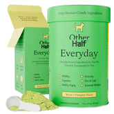 Other Half Everyday dog multivitamin tub closeup highlights 45 ingredients for daily canine wellness