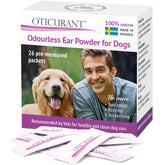 OTICURANT ear powder box demonstrates simple dosing for stress-free application on dogs.