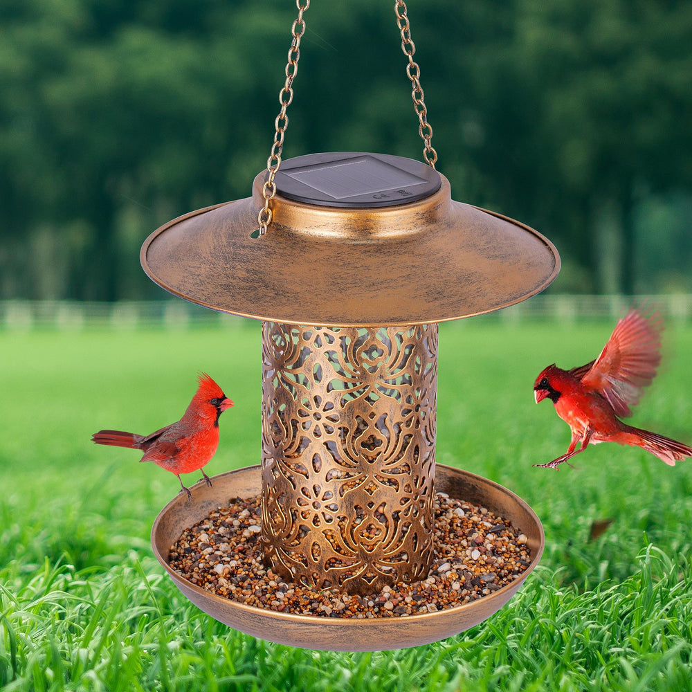 Ottsuls solar bird feeder bronze hanging shows durable outdoor design with extended solar illumination.