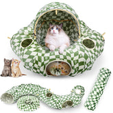 OUHOU cat bed tunnel donut interior view, cozy crinkle plush for naps