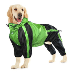 OUOBOB dog rain jacket hood on the dog for rain coverage.
