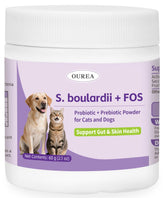 Ourea S.boulardii + FOS powder bottle for pets supports gut balance and easy daily dosing.